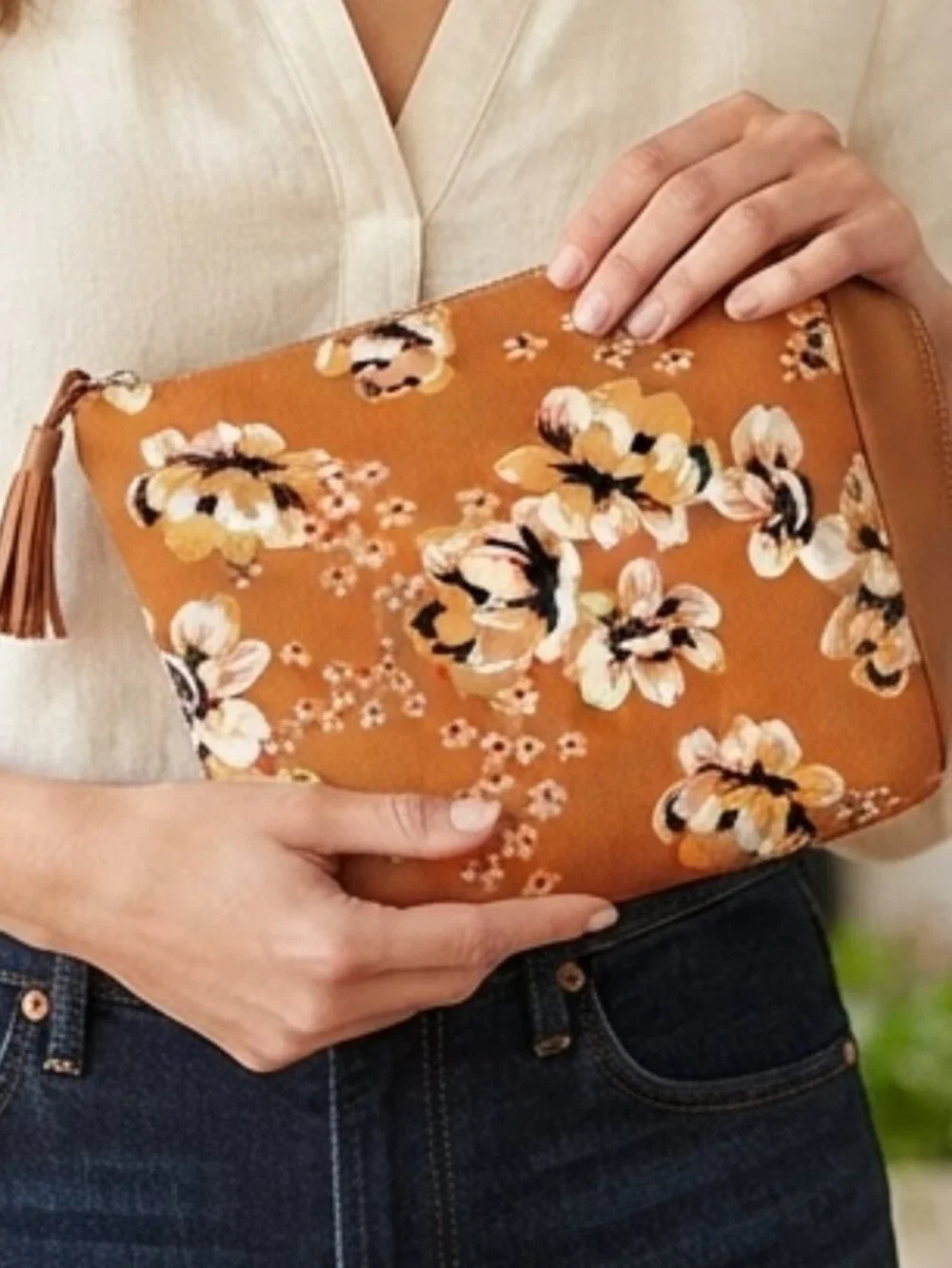 Rachel Pally Reversible Floral Mustard Burnt Orange Cosmetic Bag Clutch Pouch